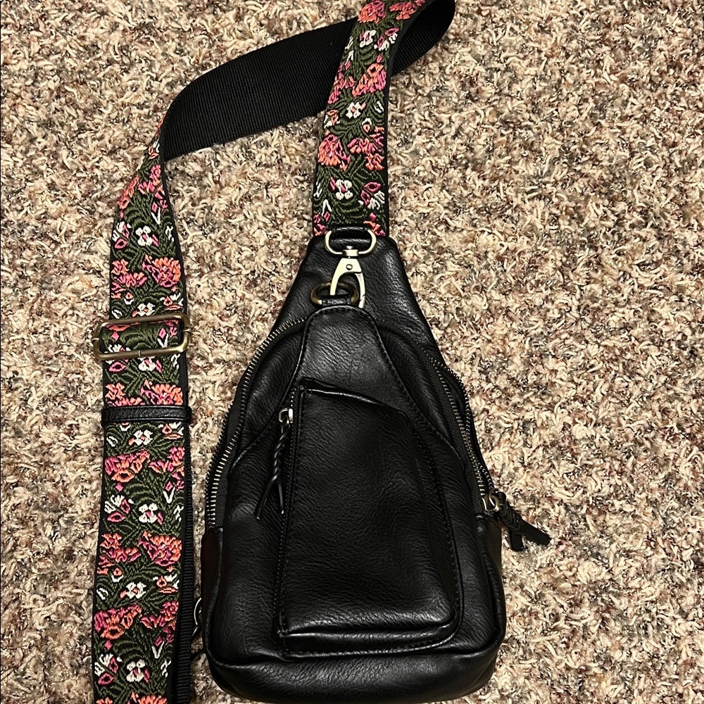 Antik Kraft Black Crossbody Bag with Floral Strap